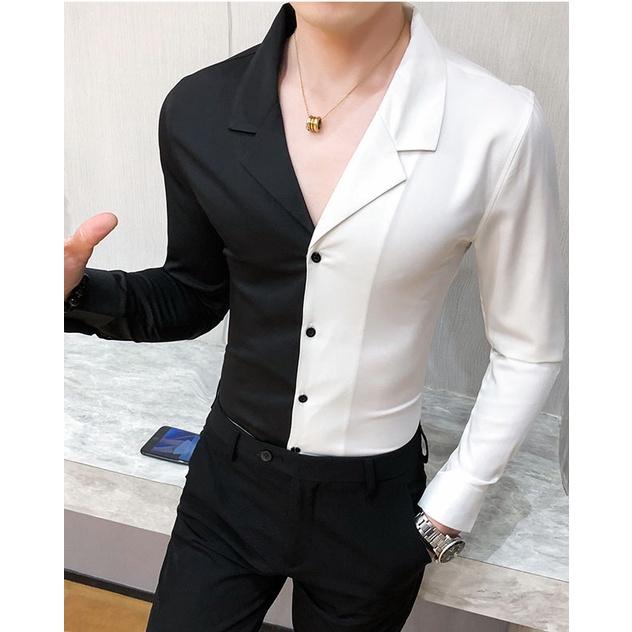 Áo sơ mi nam phối 2 màu cổ vest phong cách hàn quốc, quý ông sang trọng, lịch lãm và tinh tế - H21