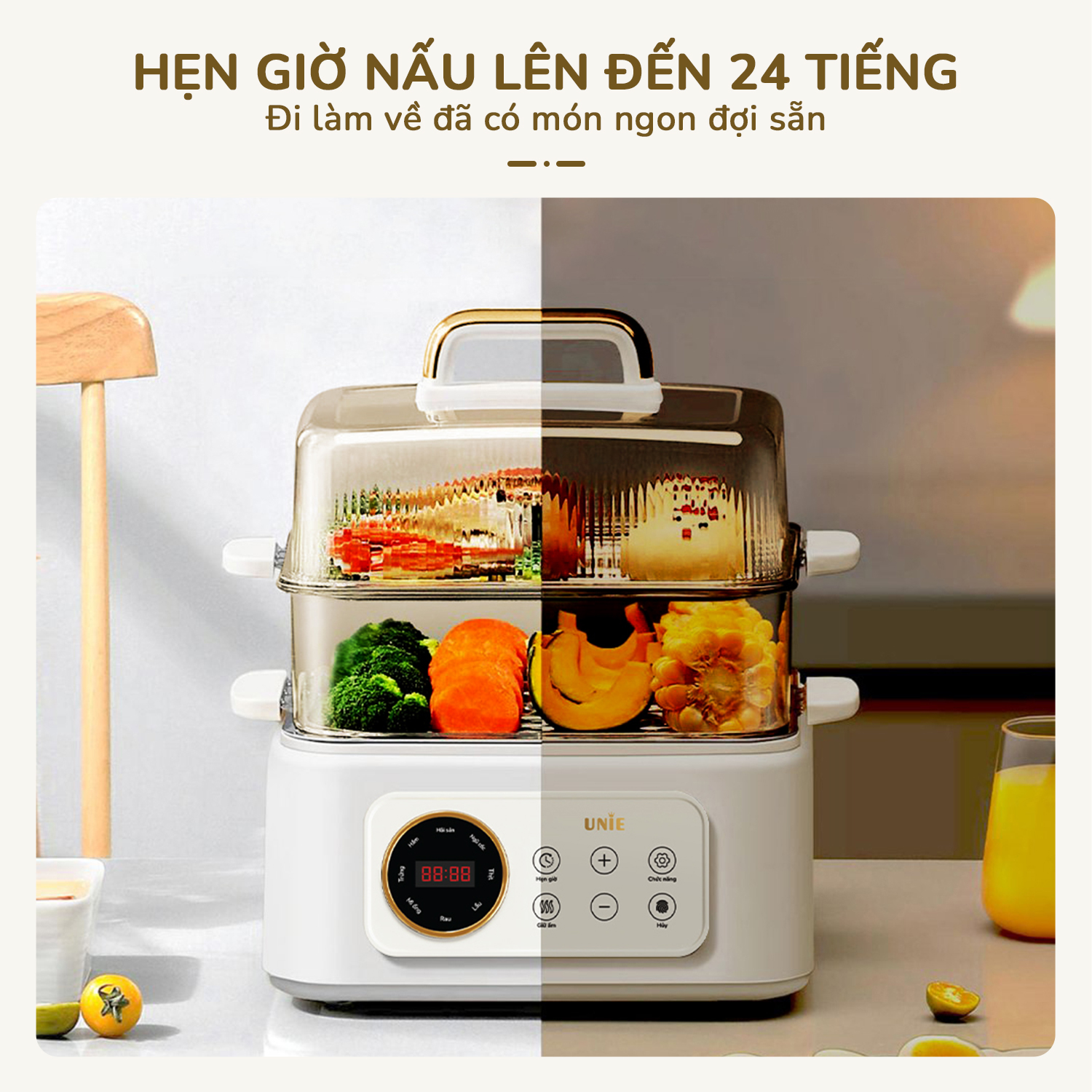 Nồi lẩu, hấp đa năng UNIE UE668, 8 chức năng, dung tích 10L, 2 tầng hấp, hấp gà nguyên con, hấp bên trên nấu bên dưới, Hàng chính hãng bảo hành 12 tháng