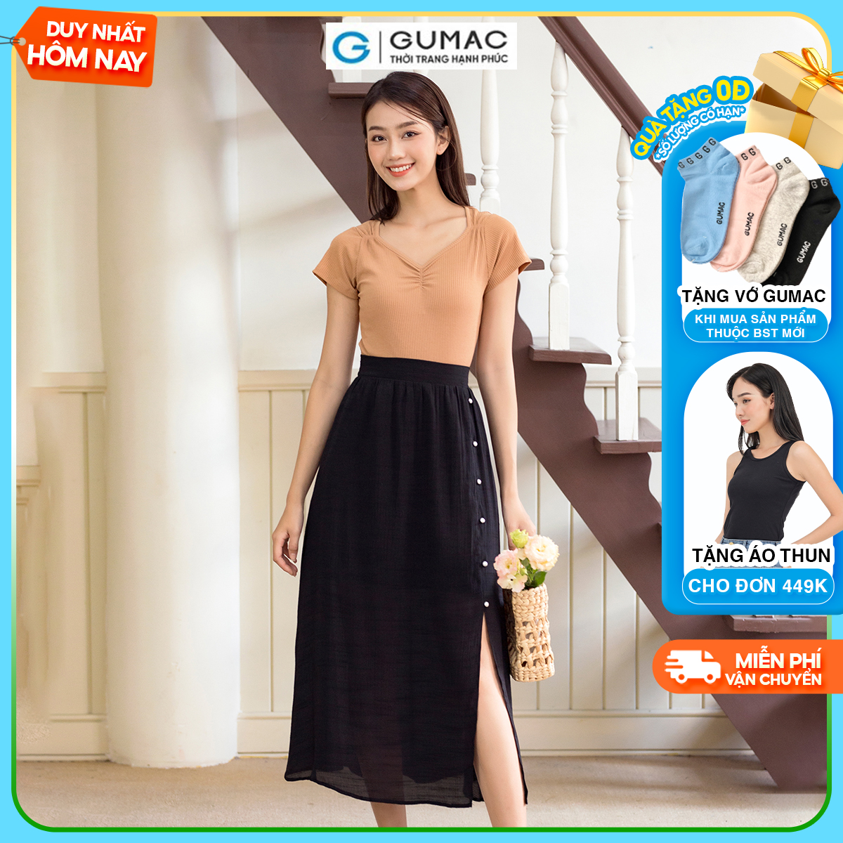 Chân váy maxi xẻ tà trước phong cách thời thượng thời trang GUMAC VD06037