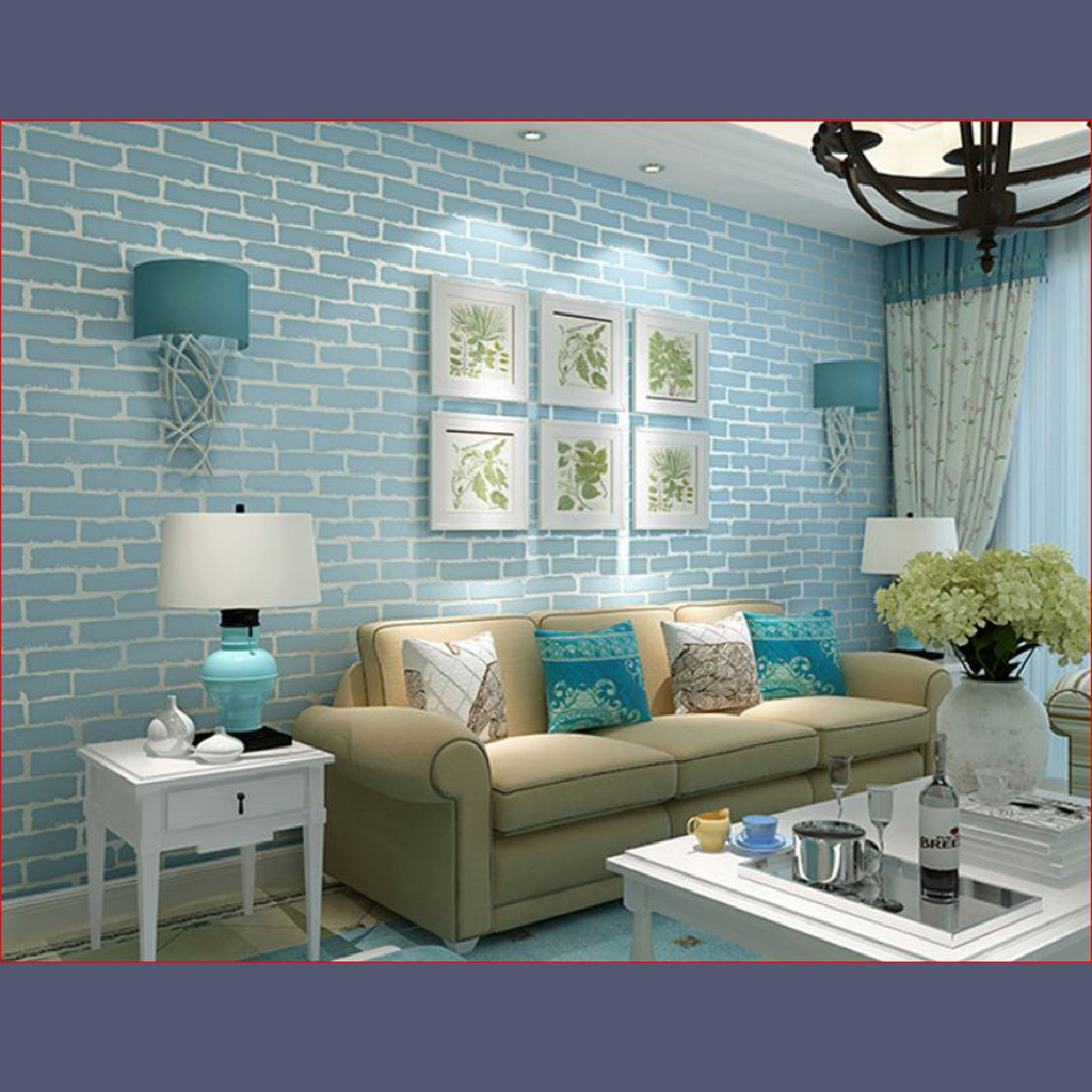 5M dài ngang 53 cm giấy dán tường giả gạch chất liệu đẹp- màu xanh nước biển