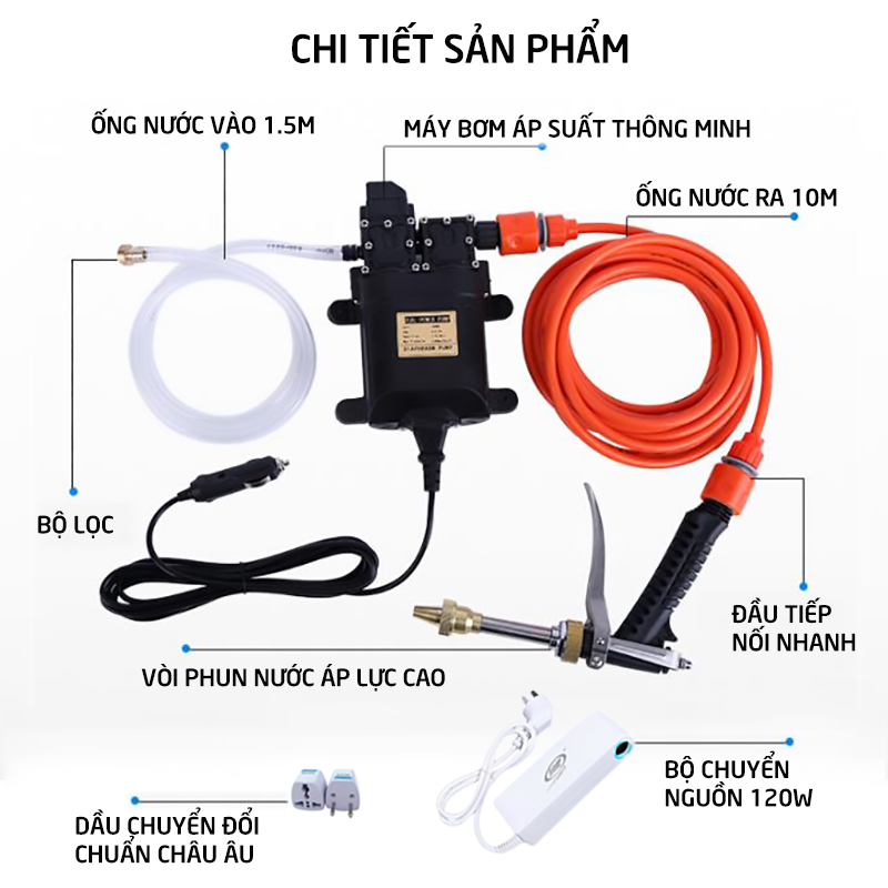 Trọn bộ máy bơm nước rửa xe mini động cơ đôi 120W, gồm ống nước vòi đồng tăng áp lực xịt nhiều chế độ rửa xe máy, ô tô, tưới cây, rửa sân vườn tặng bộ biến áp 220V-12V