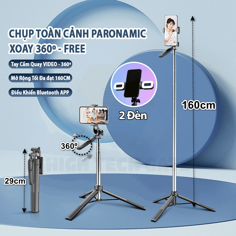 Gậy Chụp Hình Tay Cầm Chống Rung HighTechGate A36 Xoay 360º Chụp Toàn Cảnh, Điều Khiển Bluetooth Sử Dụng Được APP Tiện Lợi, Mở Rộng 160cm, Thu Gọn Cầm Tay Du Lịch 30cm, Hàng Chính Hãng