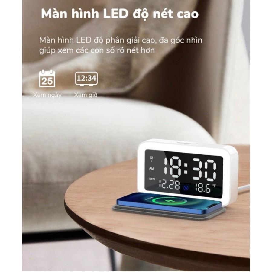 Đồng hồ led để bàn màn LED , hiển thị thời gian, sạc điện thoại không dây chuông báo thức 3 chế độ