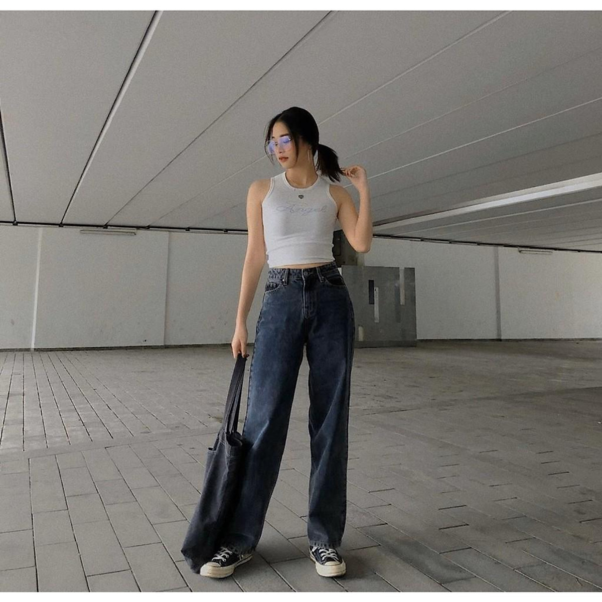 QUẦN JEAN DÀI ỐNG RỘNG LƯNG CAO XÁM ĐEN TRƠN BASIC - QUẦN BÒ NỮ CULOTTES SUÔNG 60 - L&lt;55Kg