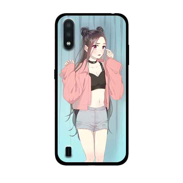 Ốp Lưng in cho Samsung Galaxy A01 Mẫu Cô Gái Áo Hồng Nền Xanh - Hàng Chính Hãng