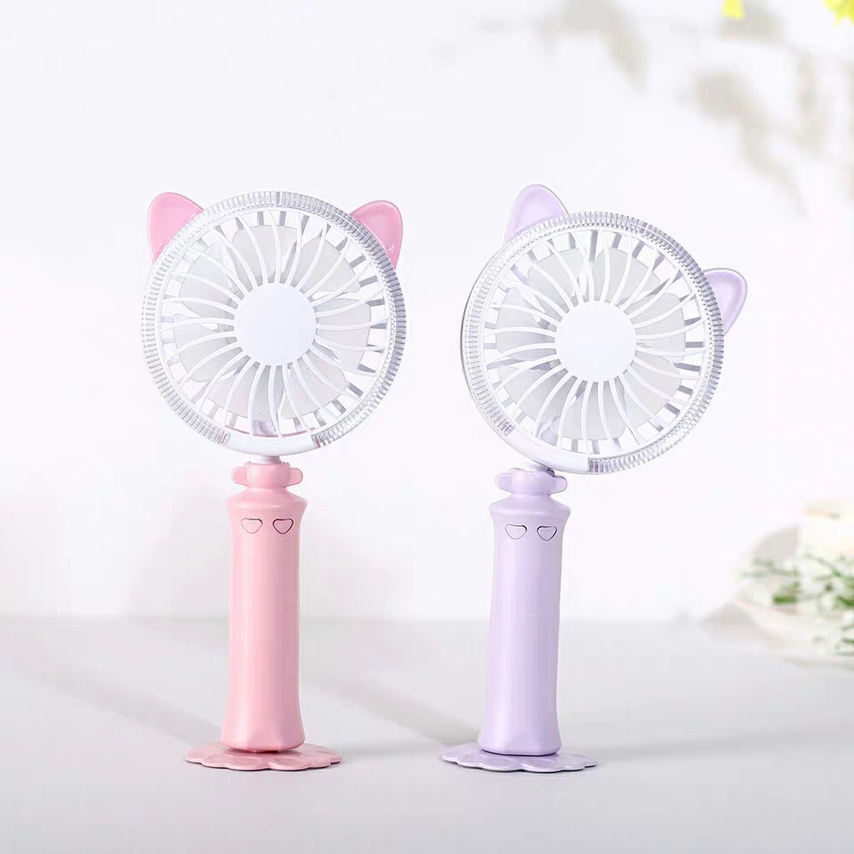 Quạt Cầm Tay Sạc Điện USB Dáng Con Mèo Có Đèn LED Đổi Màu Đặt Được Trên Bàn Bởi Đế Nhựa