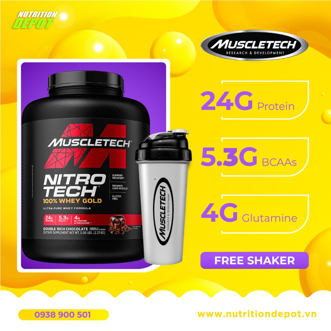 [MUA 1 TẶNG 1] Sữa tăng cơ Nitrotech Whey Gold Muscletech 5lbs (2.3kg) 69 lần dùng, Tăng cơ và phục hồi cơ nhanh chóng - TẶNG KÈM 1 shaker Muscletech chất lượng