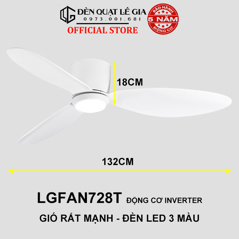 Quạt Trần Chung Cư Cho Trần Thấp LÊ GIA LGFAN728G - Chiều Cao 18cm - Sải Cánh 132cm - Bảo Hành 5 Năm