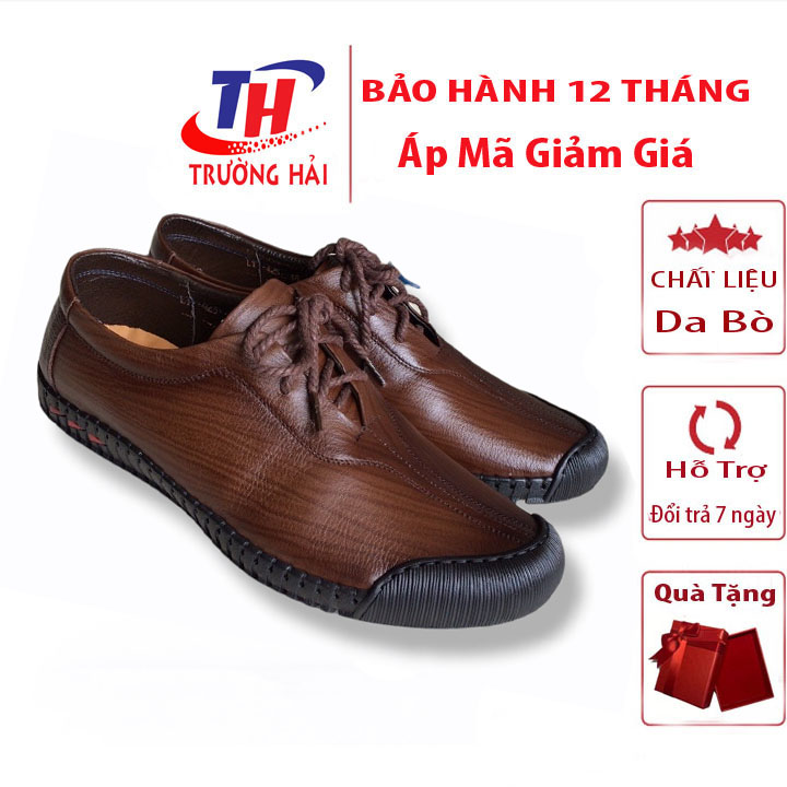 Giày mọi nam cột dây Trường Hải màu đen bò da bò thật cao cấp không bong tróc đế cao su chống mòn không trơn GMTH01278