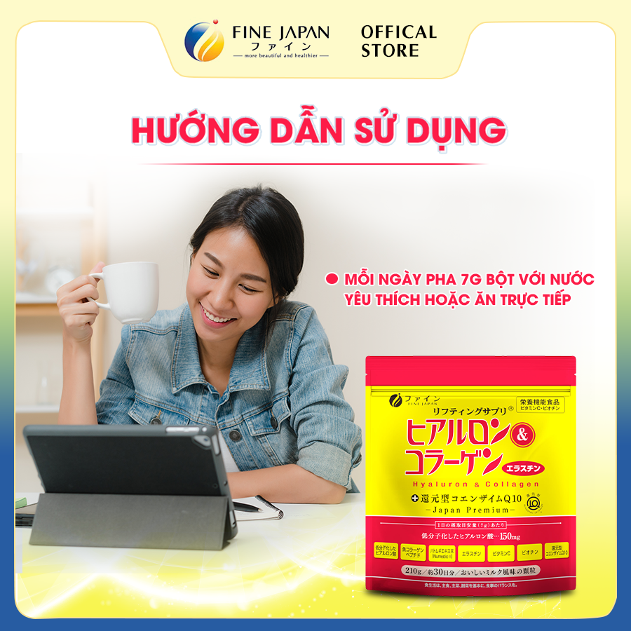 Bột uống Hyaluron & Collagen FINE JAPAN hạn chế lão hóa da, giúp mịn và trắng da dạng gói 210g