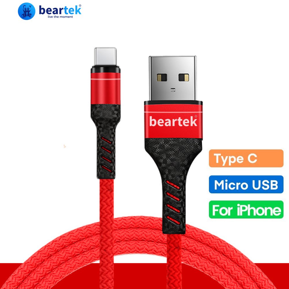 Dây Cáp Sạc Nhanh Beartek Bện Dây Nylon Cổng USB Type C Lightning Cho iPhone Android - Hàng chính hãng