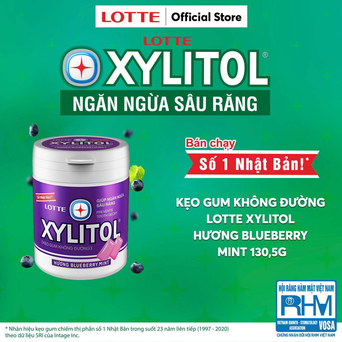 Combo 6 hũ Kẹo Gum không đường Lotte Xylitol - Hương Blueberry Mint 130,5 g