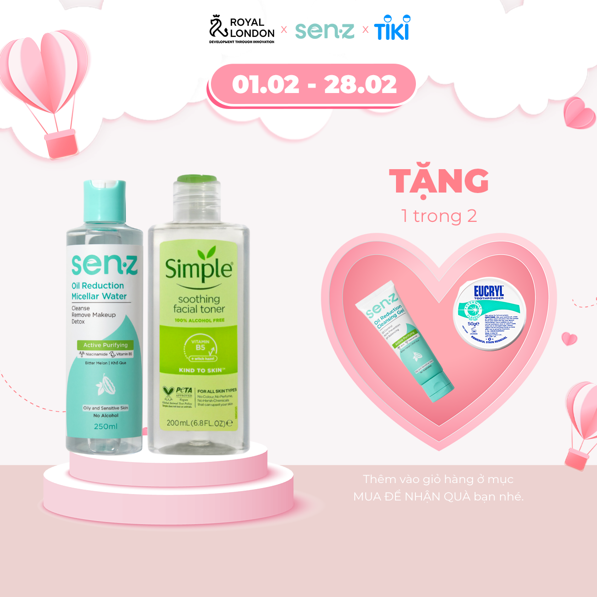 Combo Nước hoa hồng toner Simple 200ml + Nước tẩy trang khổ qua SenZ 250ml