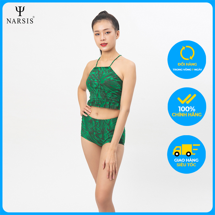 Bộ bơi nữ  NARSIS A0009 2 mảnh hoa văn xanh lá cây đen