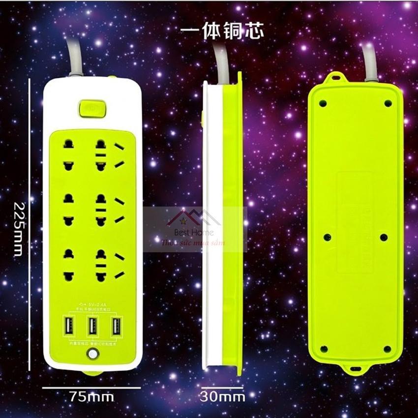 Ổ cắm điện chống giật 6 Lỗ Đa Năng - Ổ Cắm Điện Xanh Lá, 3 Cổng Sạc USB Cao Cấp