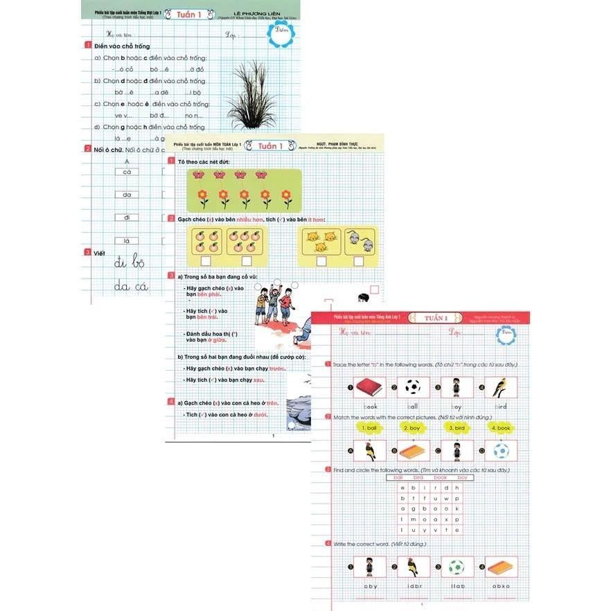 Sách - Phiếu Bài Tập Cuối Tuần Môn Toán - Tiếng Việt - Tiếng Anh Lớp 1 - Combo 3 Cuốn - Theo Chương Trình Tiểu Học Mới