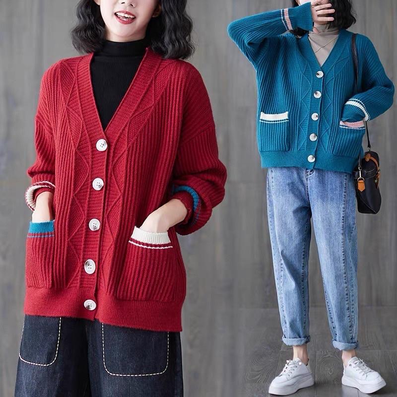 Áo len cardigan nữ pha màu cá tính, áo khoác len nữ hàng quảng châu