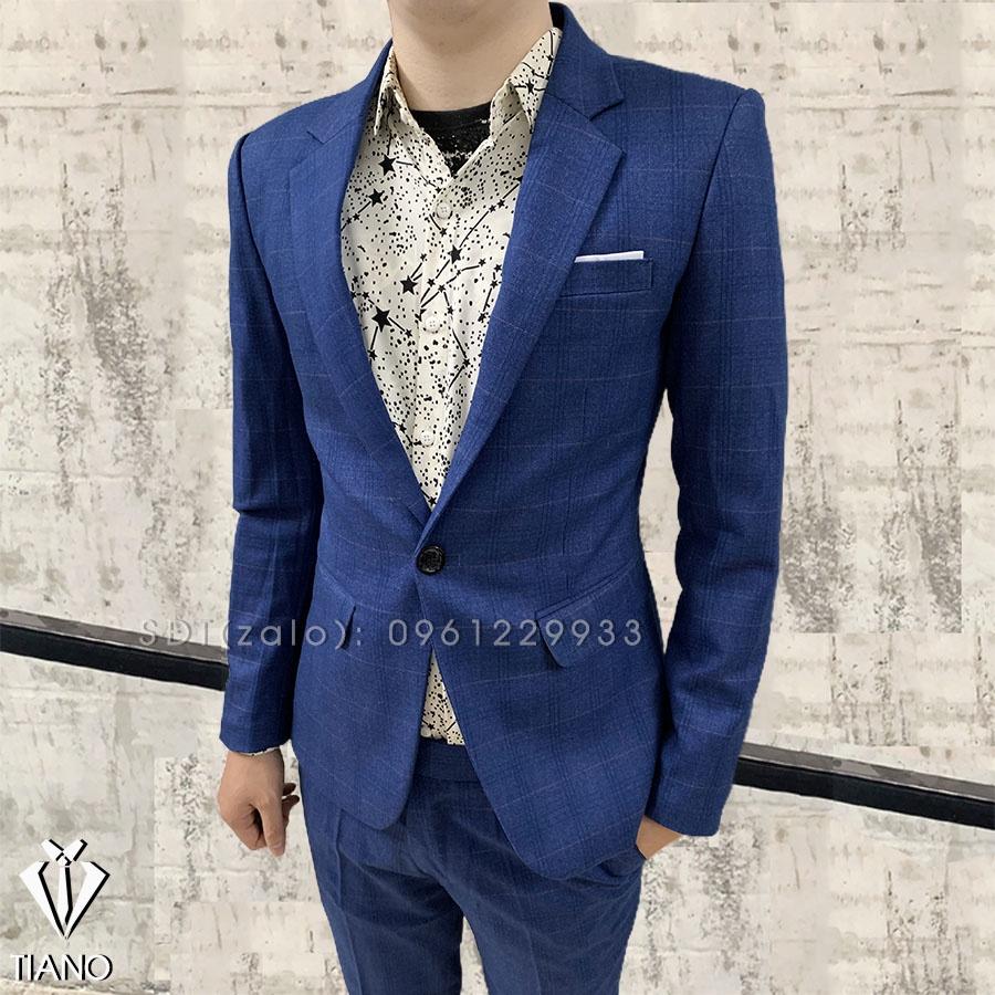 Bộ Vest nam cao cấp 1 cúc màu Xanh kẻ, form ôm body chất vải dày mịn 2 lớp, Suit Nam Cao Cấp - TIANO STORE