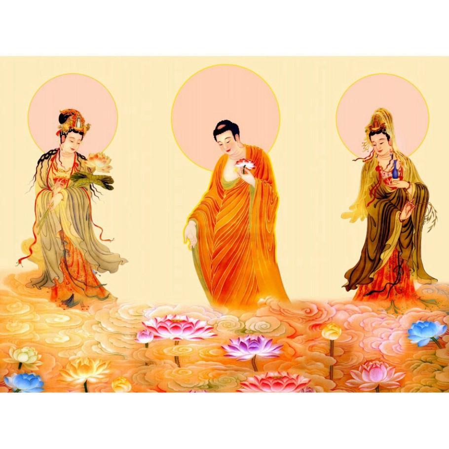 Tranh dán tường phật Tam Thánh Tiếp Dẫn KT 100 x 75 cm phủ bóng