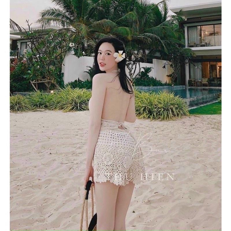 36-Set bikini ren 2 món bra gấu sóng-quần ren hoa to đi biển siêu đẹp