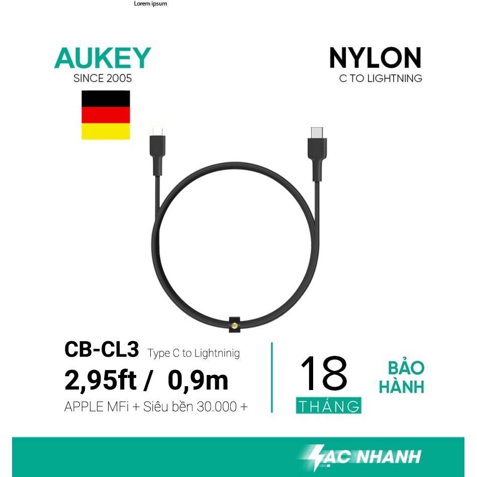 Cáp Sạc Nhanh iPhone Cổng C to Lightning Aukey CB-CL3 0.9m Chuẩn MFi, Hỗ trợ sạc PD 27W - Hàng Chính hãng
