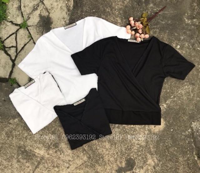 Áo Croptop Tay Ngắn Chéo Ngực Bo Eo