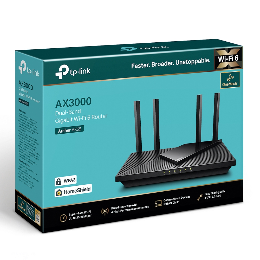 Router Phát Sóng WIFI 6 TP-Link Archer AX55 | Băng tần kép AX3000 2.4 &amp; 5.0 GHz | Phủ sóng rộng , EasyMesh | Bảo hành 2 năm | Hàng Chính Hãng