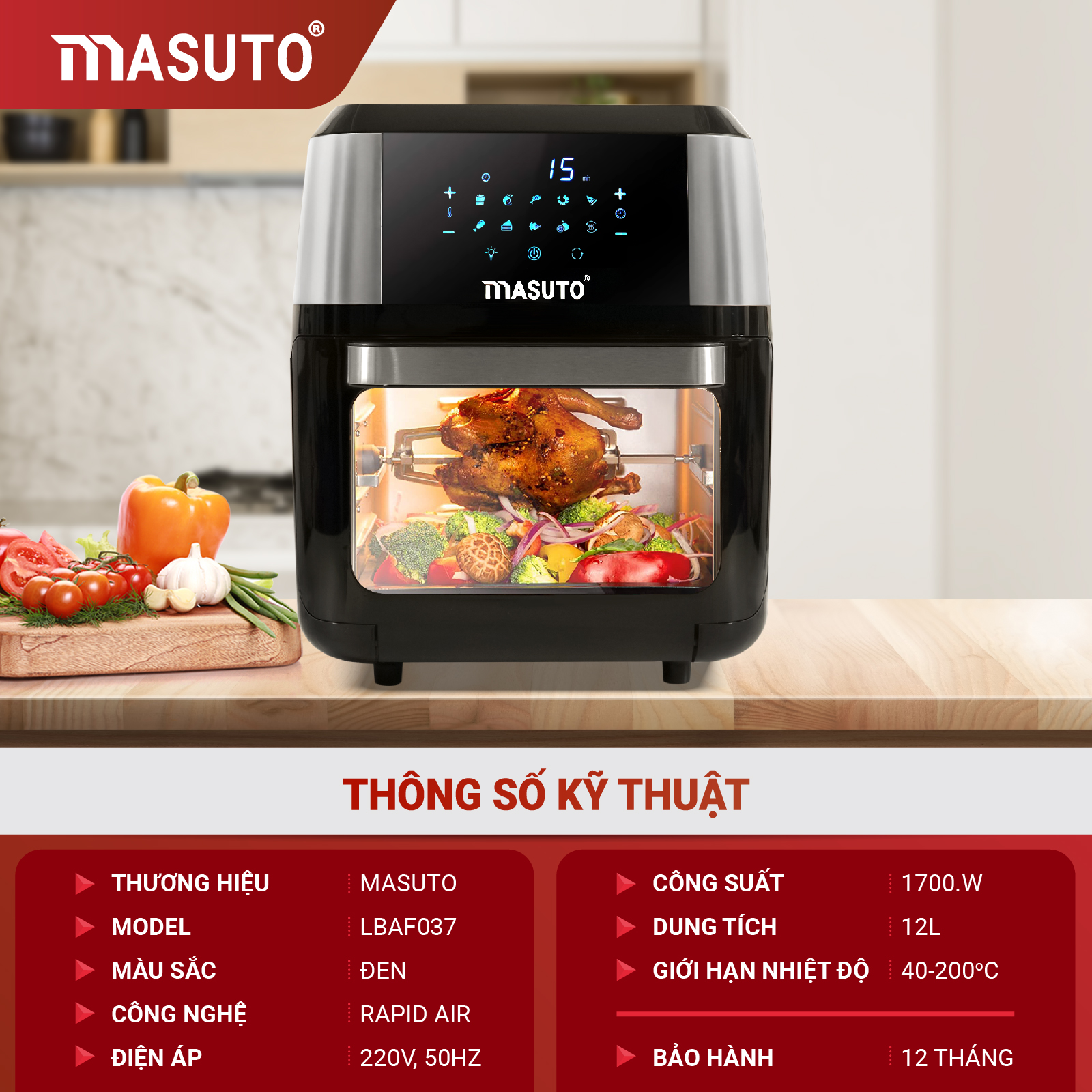 Nồi Chiên Không Dầu Masuto 12L Nướng Gà Nguyên Con Giỏ Inox Cao Cấp Thực Phẩm Chín Đều Ngoài Giòn Trong Mềm Mọng Nước-Hàng chính hãng