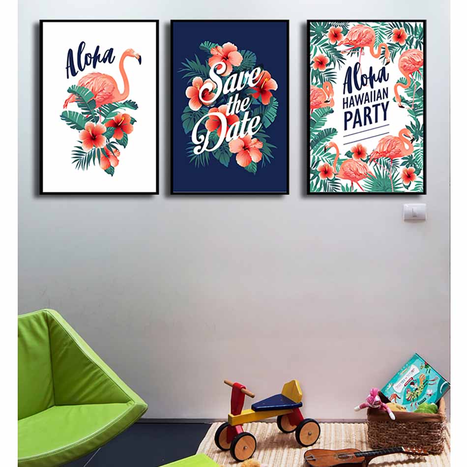 Bộ 3 tranh canvas treo tường Decor Họa tiết hoa và hồng hạc - DC137