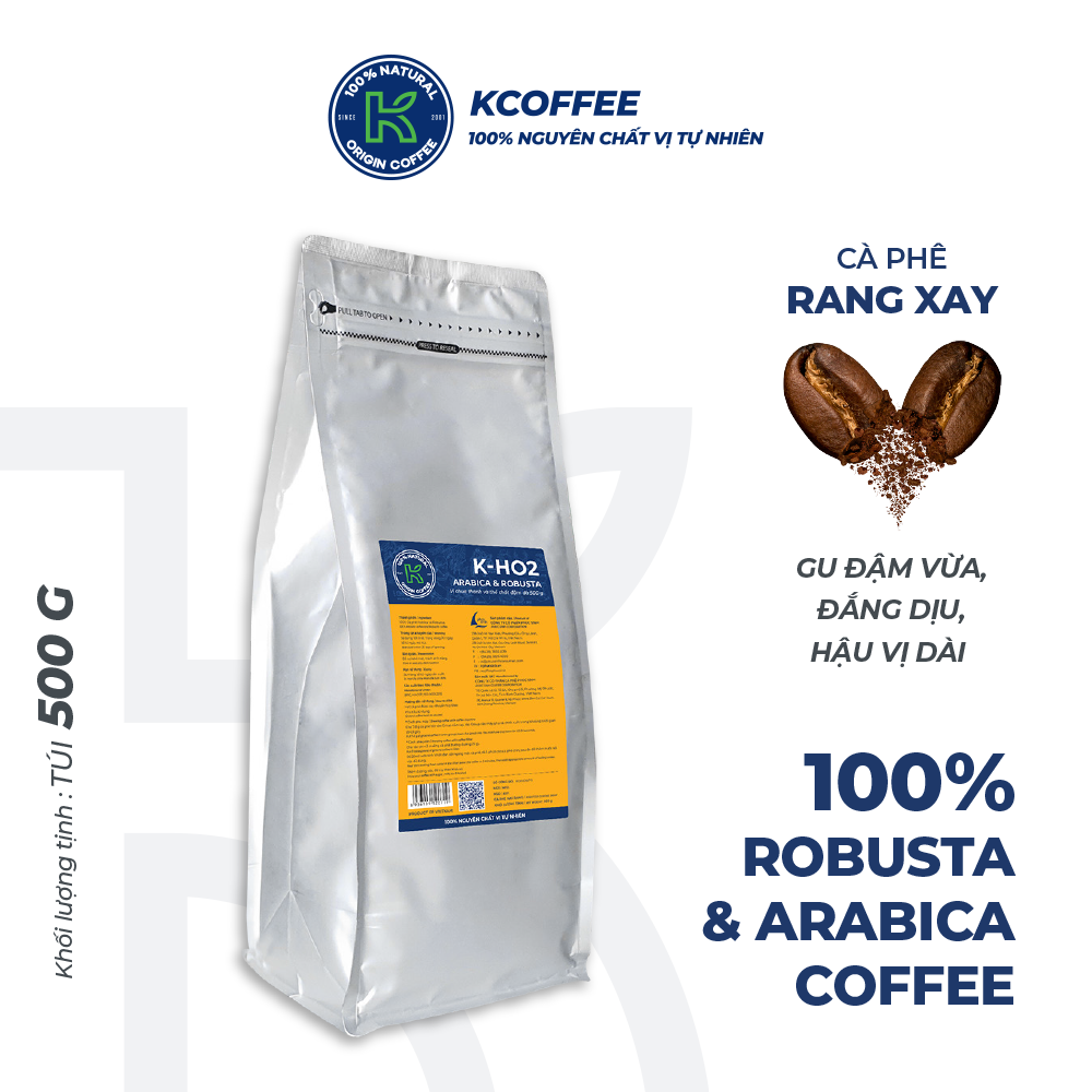 Cà phê rang xay 100% nguyên chất Robusta Arabica xuất khẩu K-HO2 thương hiệu K Coffee
