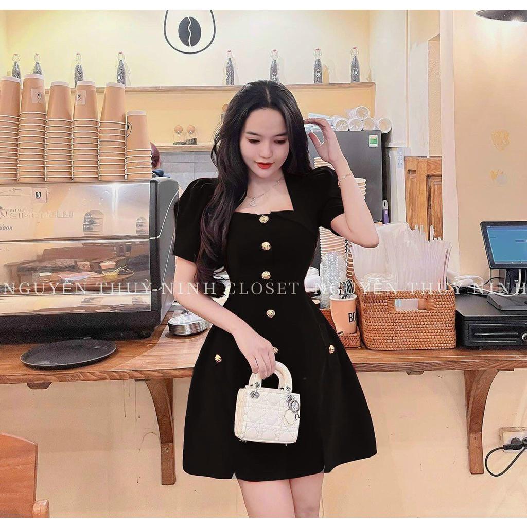 FREE SHIP Đầm Váy Nữ Chất Vải Nhung Cứng Dáng Xoè Đính Cúc Ngực Thiết Kế Sang Chảnh  KIM GIA DS