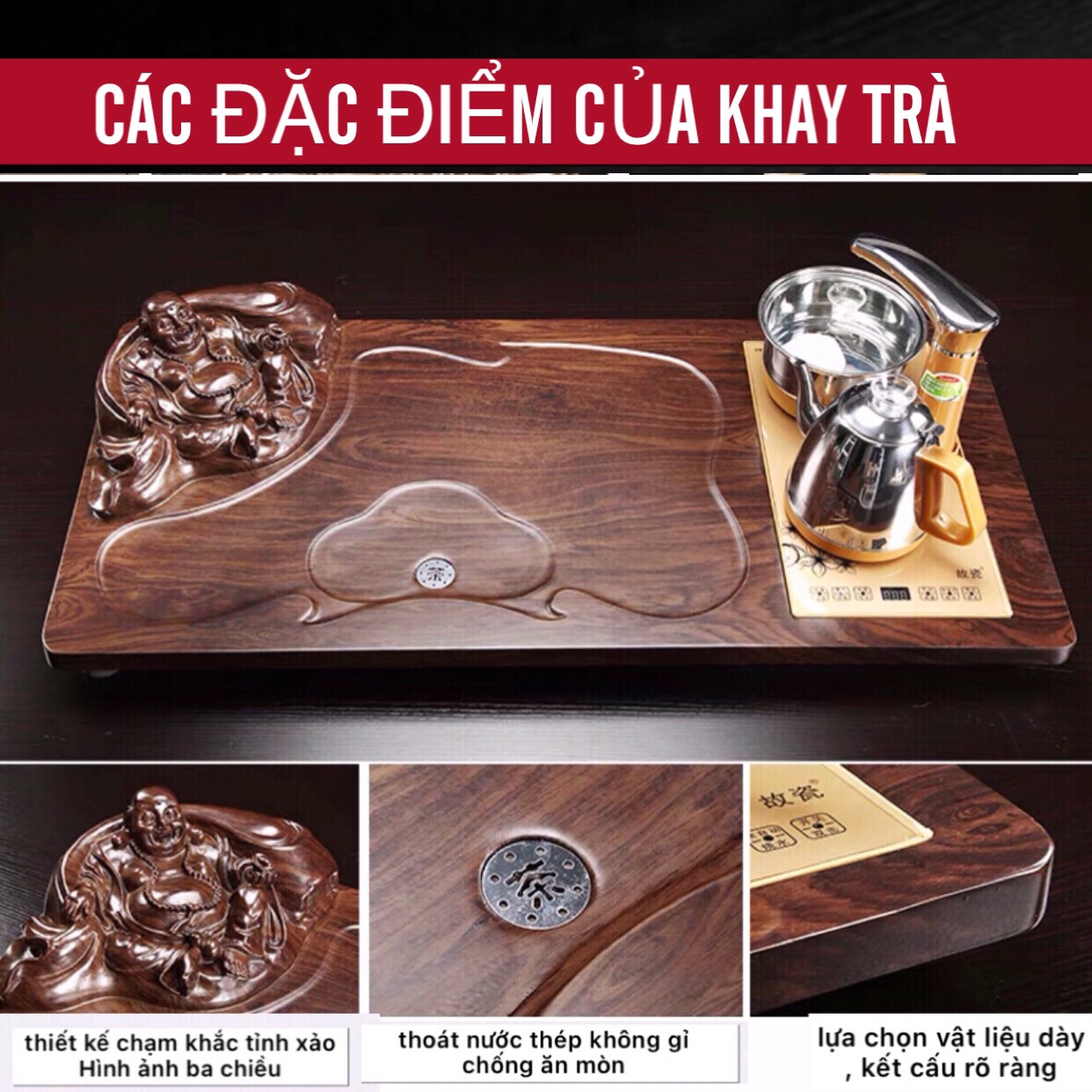 Bàn trà điện gỗ đa năng tự động ,phật di lặc 0917 ,Bếp đun nước inox cảm ứng thông minh kèm ấm chén trà đạo độc lạ gốm sứ tuỳ chọn ,sản phẩm bao gồm một bộ như hình