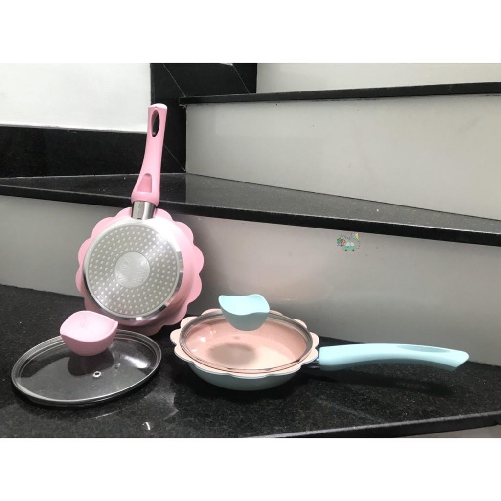 Nồi chảo sắt vân đá chống dính hình hoa tráng men đá cao cấp+ xửng hấp inox 304, phụ kiện nhà bếp
