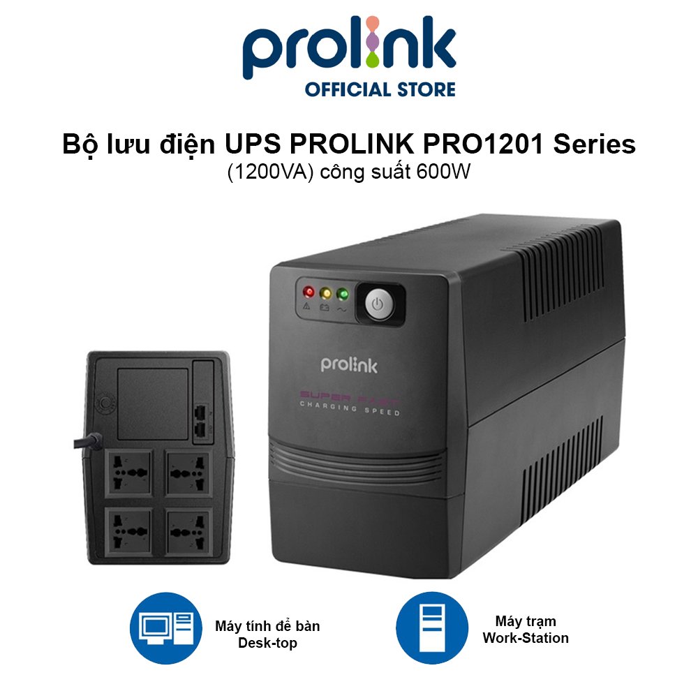 Bộ Lưu Điện Ups Prolink Pro1201Sfcu 1200Va Công Suất 600W, Tích Hợp Bộ Avr, Sạc Siêu Nhanh, Dùng Cho Pc, Camera, Wifi - Hàng Chính Hãng - Không Có Cổng Usb