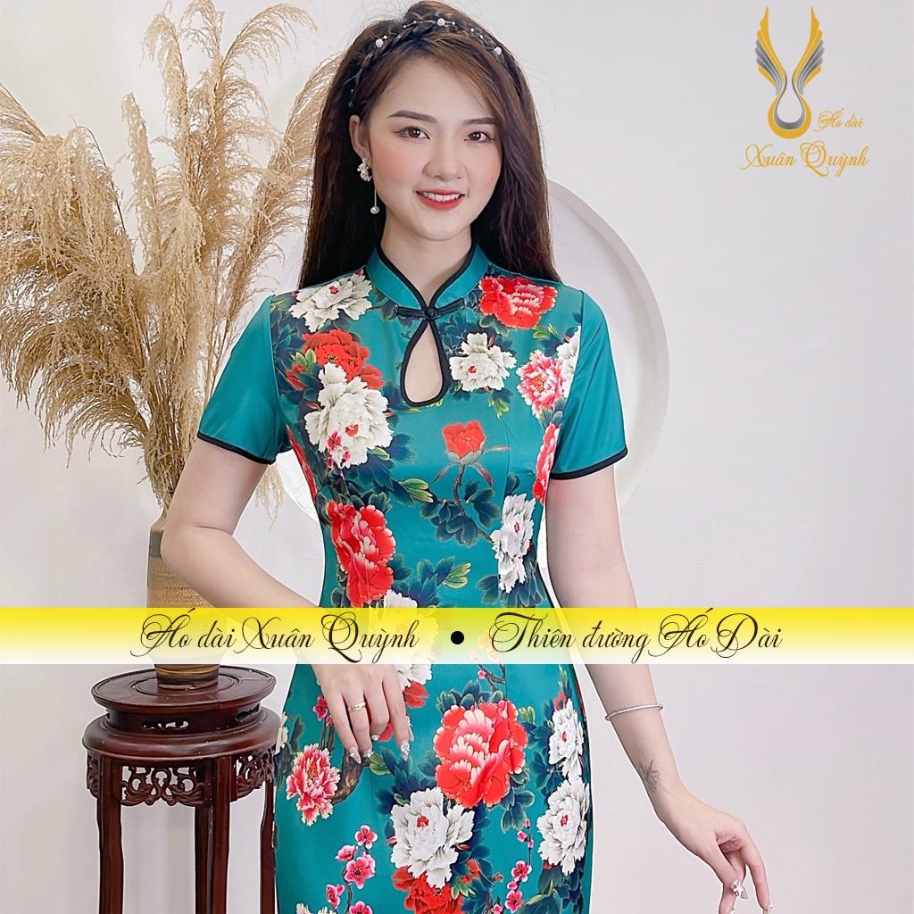 Sườn Xám Lụa Thượng Uyển, Hoa Mẫu Đơn Cao Cấp Sang Trọng Nổi Bật S01Xanh - Áo Dài Xuân Quỳnh