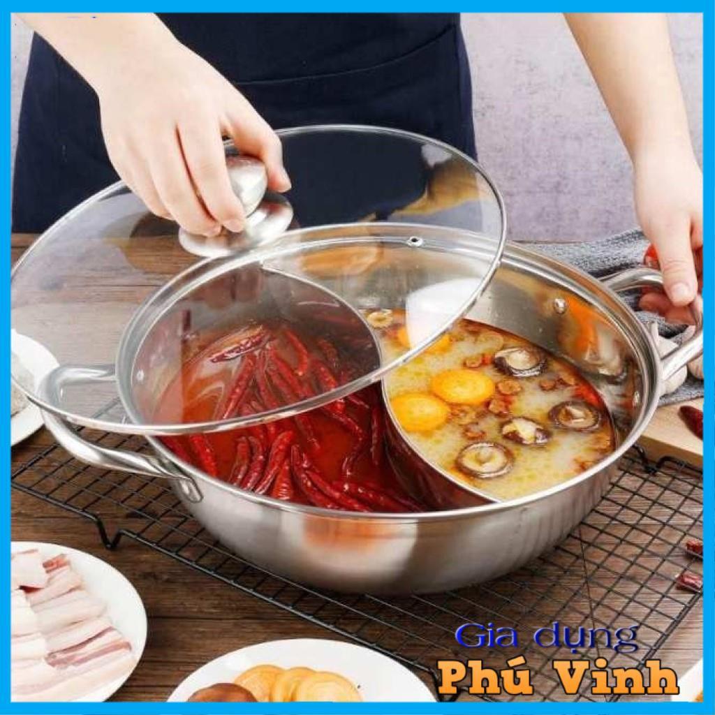 Nồi lẩu 2 ngăn Hotpot 32cm, nấu được bếp từ, có nắp kính (ảnh thật)