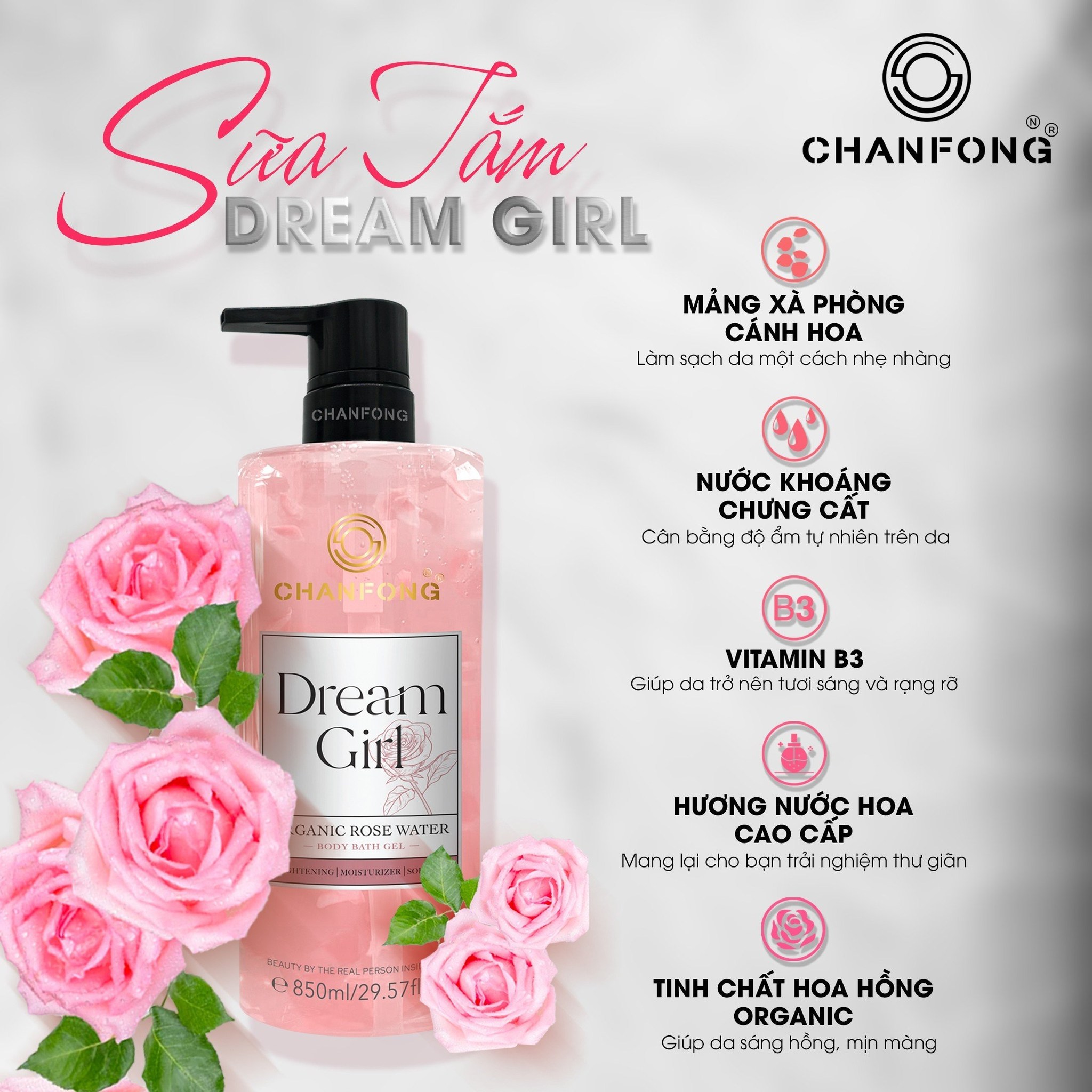 Sữa tắm Gel Cánh hoa hồng tươi Chanfong Thái Lan Dream Girl - 850ml