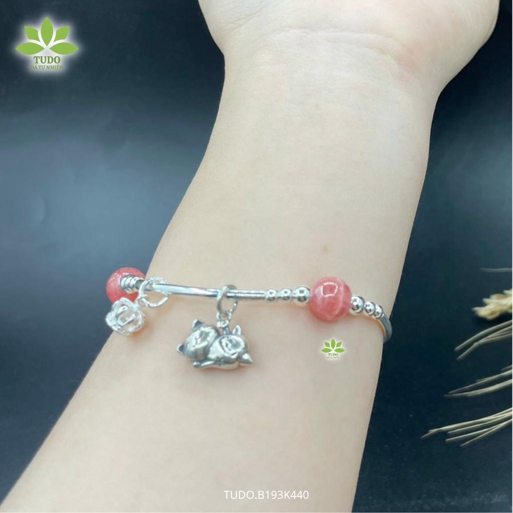 Vòng Tay Nữ Đẹp - Vòng Phong Thủy Đa Mệnh TUDO B193K440 VCBDAOH 3 hạt hồng, Charm Bạc Mèo, Vương Miện