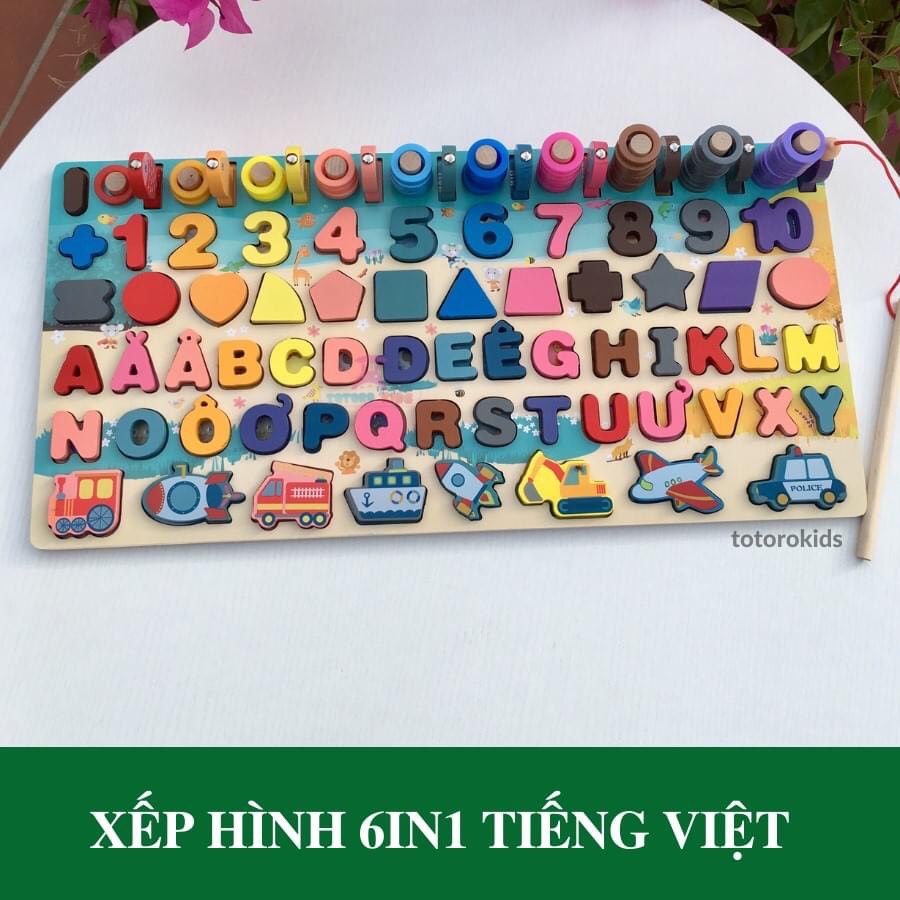 Đồ chơi bảng xếp hình thông minh 6 in 1/bảng xếp hình câu cá chủ đề phương tiện giao thông - Đồ chơi gỗ thông minh trẻ em