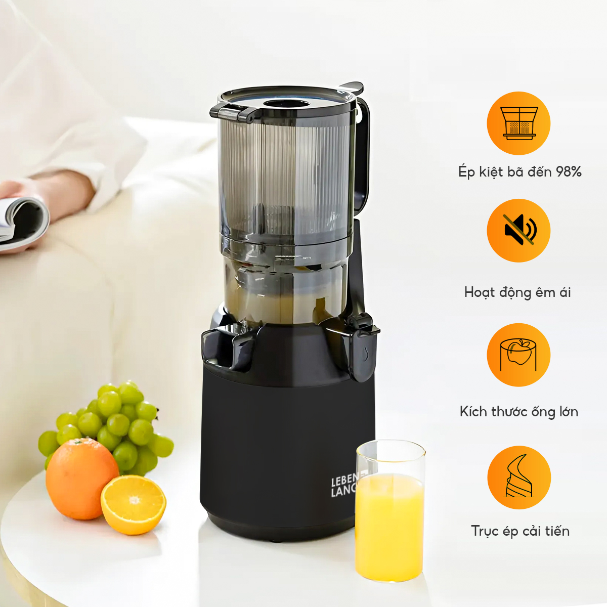 Máy ép chậm Lebenlang LBL3077, công suất 250W, dung tích 1000ml, ép kiệt bã, giữ trọn dinh dưỡng, bảo hành 2 năm - hàng chính hãng
