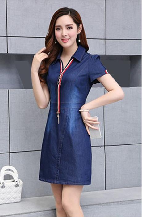 Đầm Jean Nữ Phối Sọc Cổ Sơ Mi Thời Trang