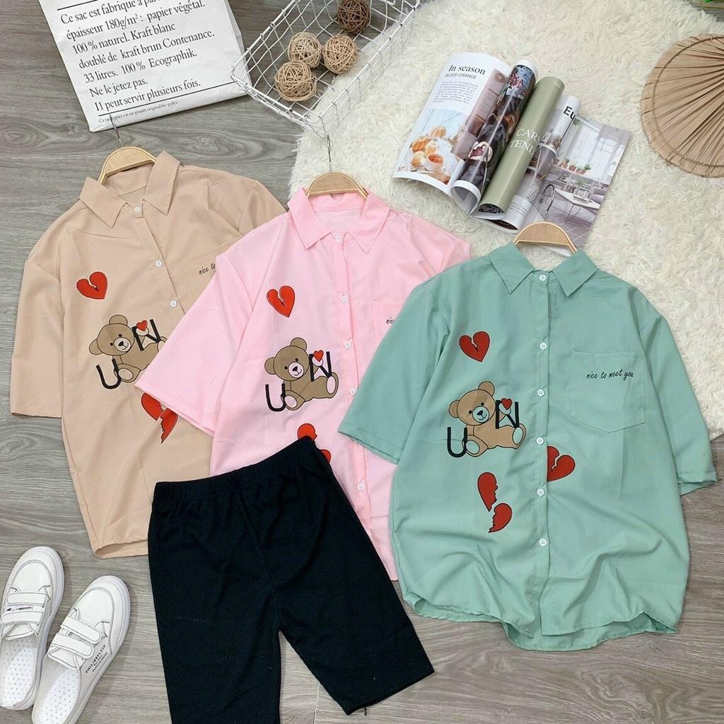 Sét bộ nữ áo áo sơ mi ngắn tay in họa tiết dễ thương mix quần lửng ngố ôm body xinh xắn thời trang nữ dạo phố