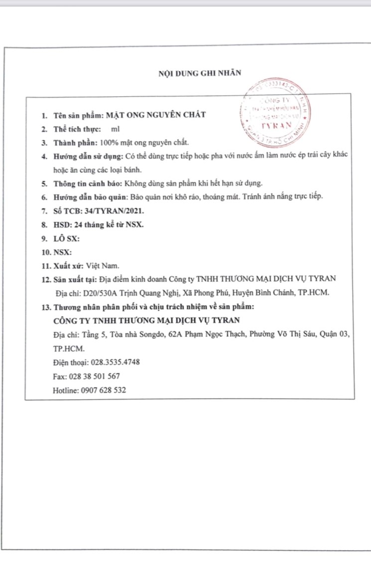 Mật ong chai thủy tinh 520ml HSD: 2 năm