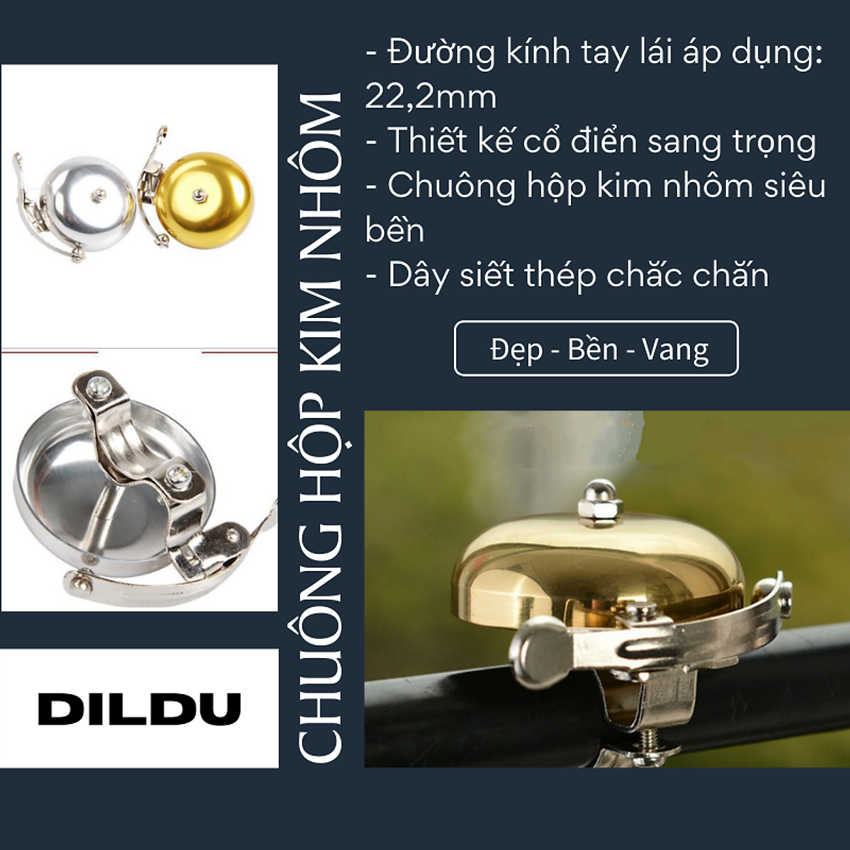 Chuông Xe Đạp Retro Thể Thao Nhỏ Gọn - Làm Bằng Hợp Kim Nhôm - Âm Thanh Vang 90 - 100dB Gắn Tay Lái (Ghi Đông) - Bigbull Retro Phụ Kiện Xe Đạp Chính Hãng