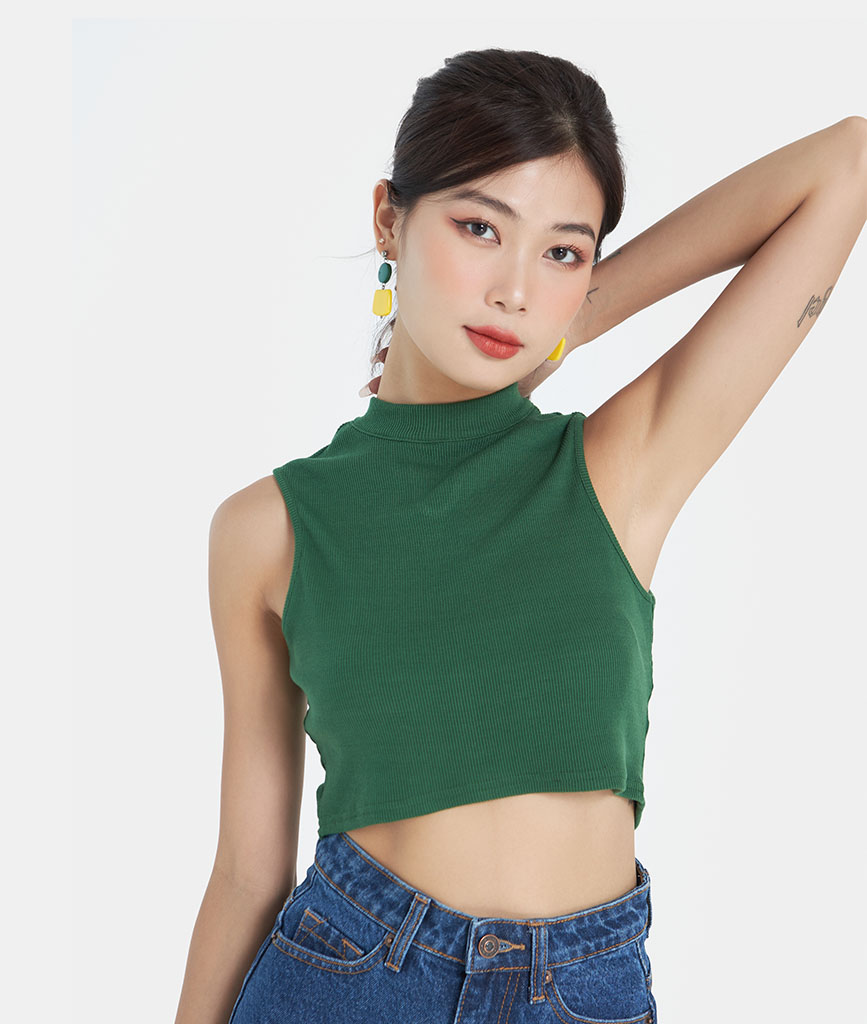 Áo croptop nữ trơn HNOSS cổ yếm form ôm AKI011