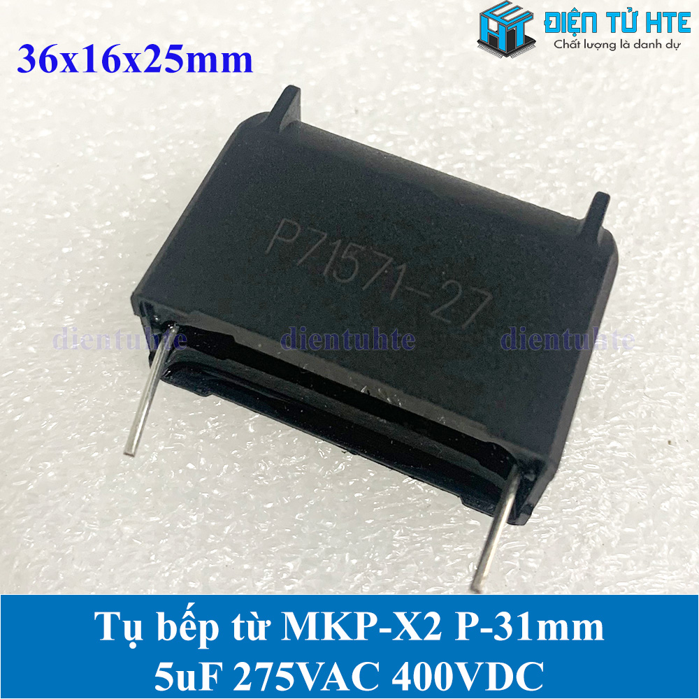 Tụ bếp từ MKP-X2 5uF 275VAC 400VDC pitch 31mm Đen size 36x16x25mm