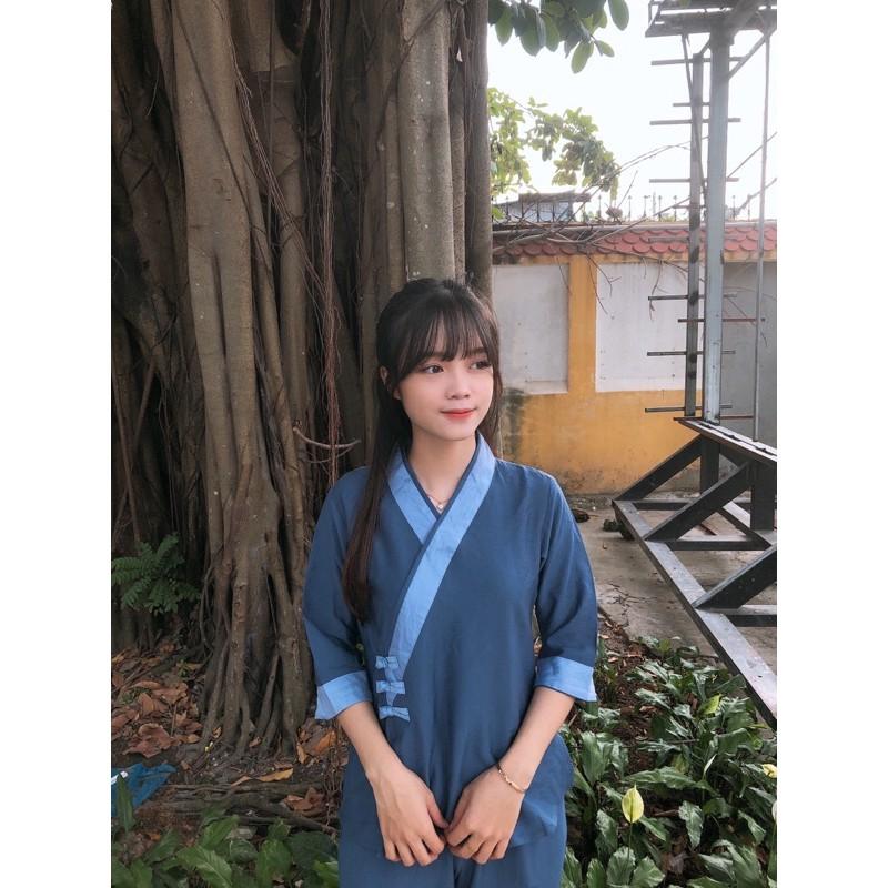 Thời trang nữ, đồ lam đi chùa, áo lam cao cấp nút phối
