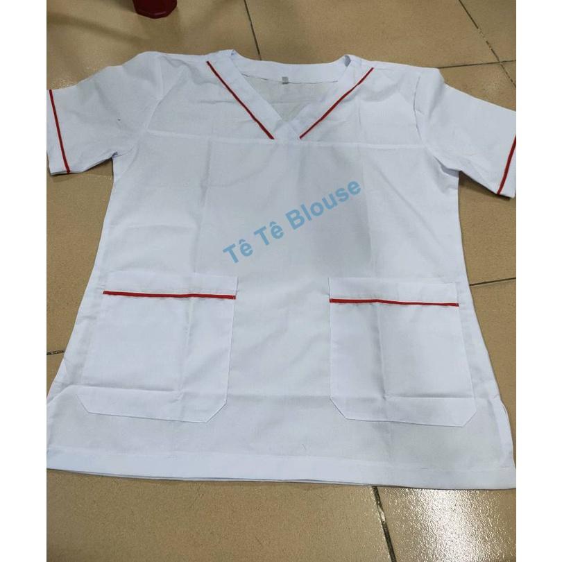 Bộ blouse cổ tim viền đỏ nam nữ cộc tay - bộ scrubs kỹ thuật viên cho điều dưỡng, dược sỹ, y tá, bác sĩ