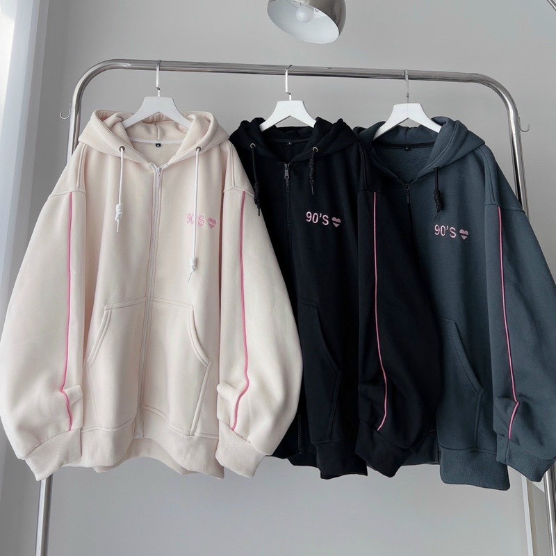 Áo khoác nam nữ Hoodie nỉ trơn Basic in chữ 90S màu form rộng tay bồng khóa kéo có mũ Ulzzang giá rẻ couple