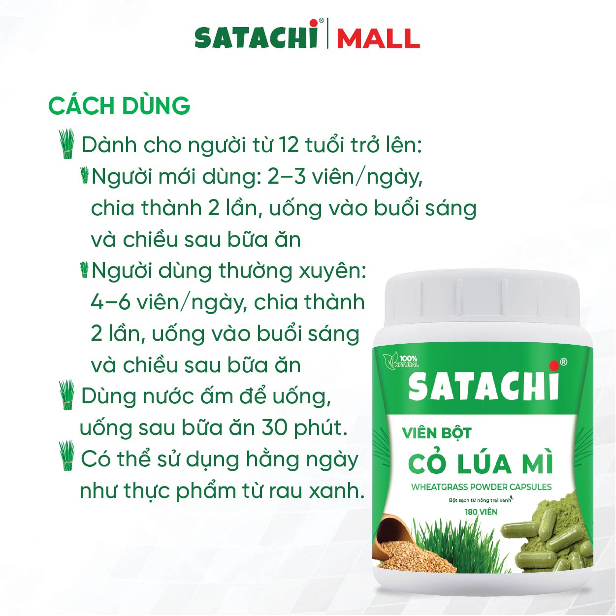 Viên Bột Cỏ Lúa Mì Nguyên Chất SATACHI – 100% Cỏ Lúa Mì Tươi - Dạng Viên Tiện Lợi - Hộp 180 viên
